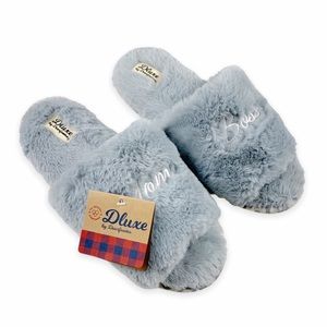 Dluxe by Dearfoams Gray Embroidered "Mom Boss" Faux Fur Slide Slipper XL (11-12)